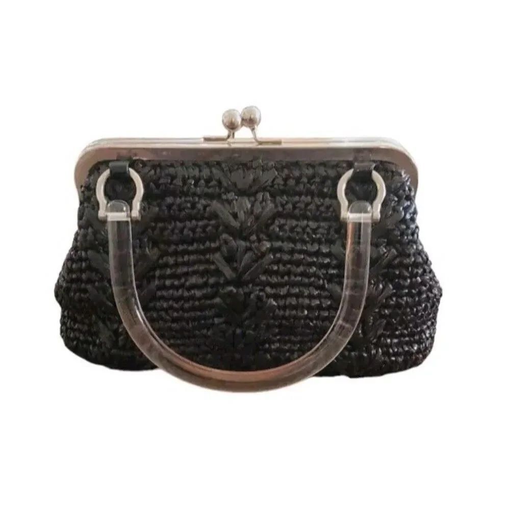 Trina Turk Woven Nylon Raffia Purse Black and Silver With Clear Handle